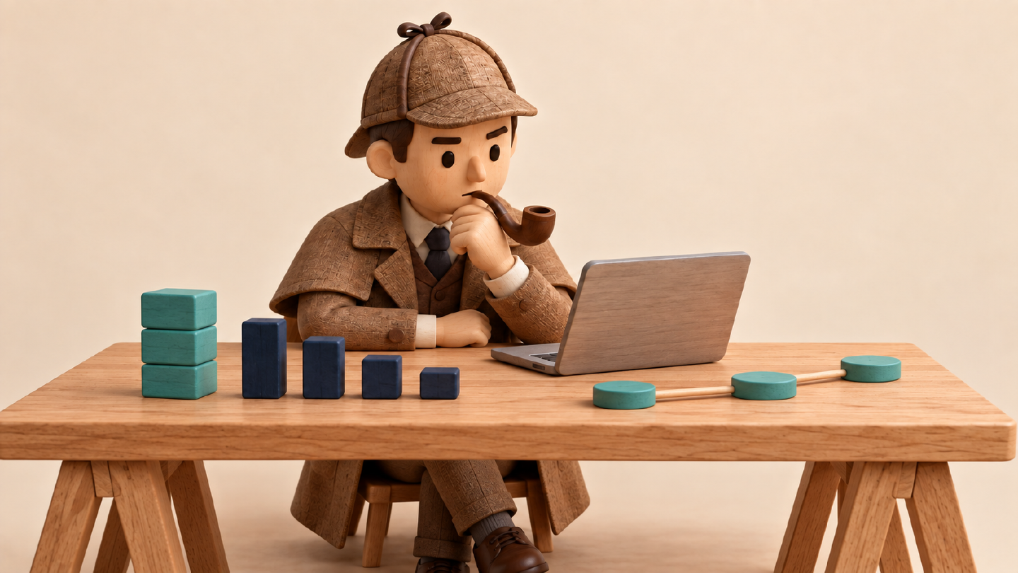 Un développeur, vêtu comme un détective, examine des indicateurs de performance sur son ordinateur.