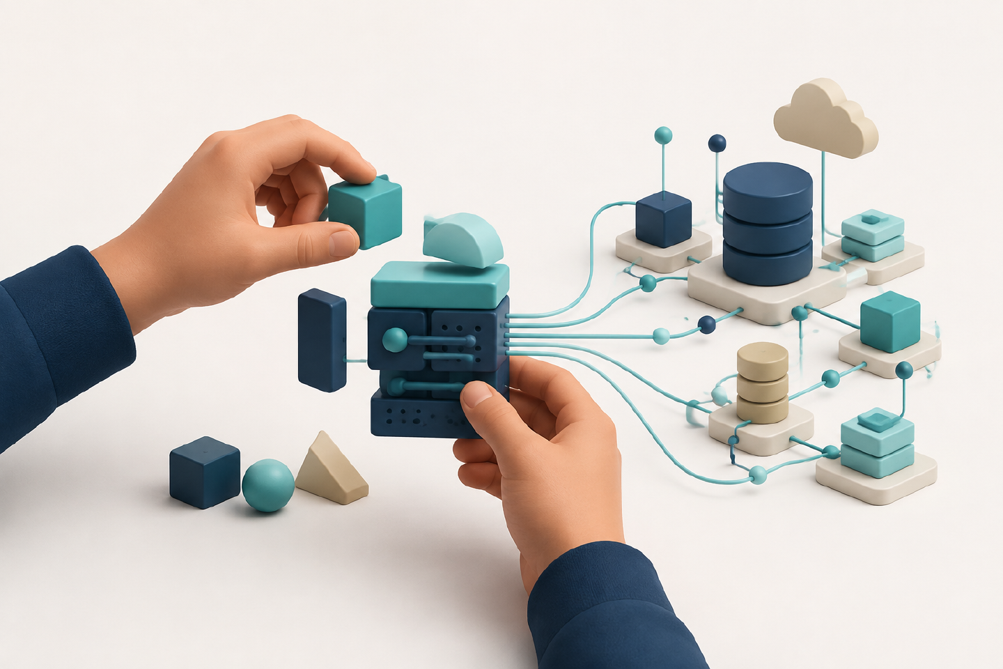 Hands assemble a new module connected to an abstract backend system.