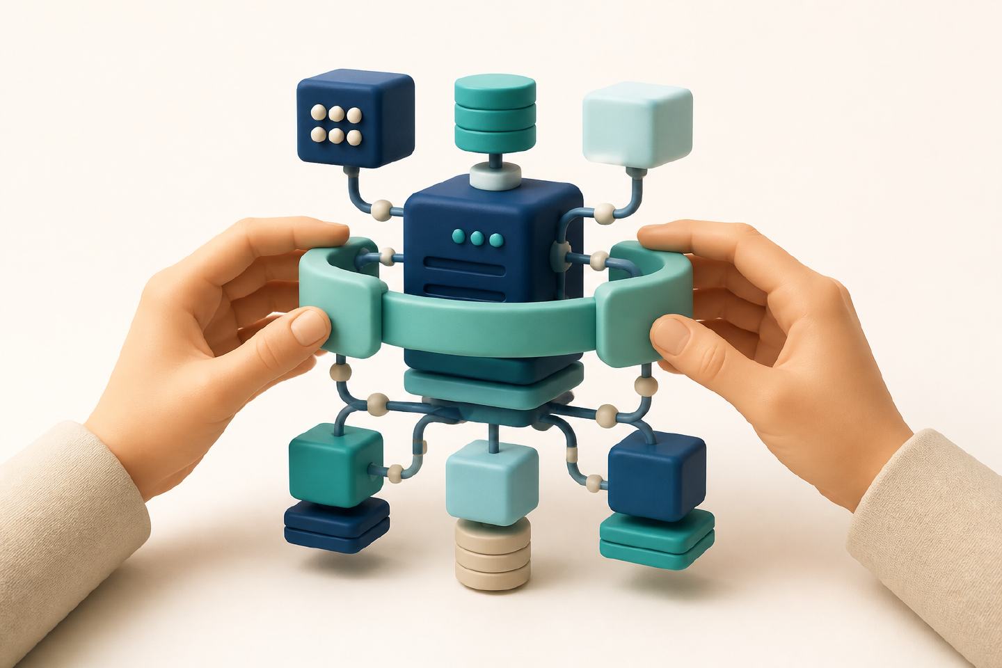 Hands fit a supportive brace around an abstract backend system.
