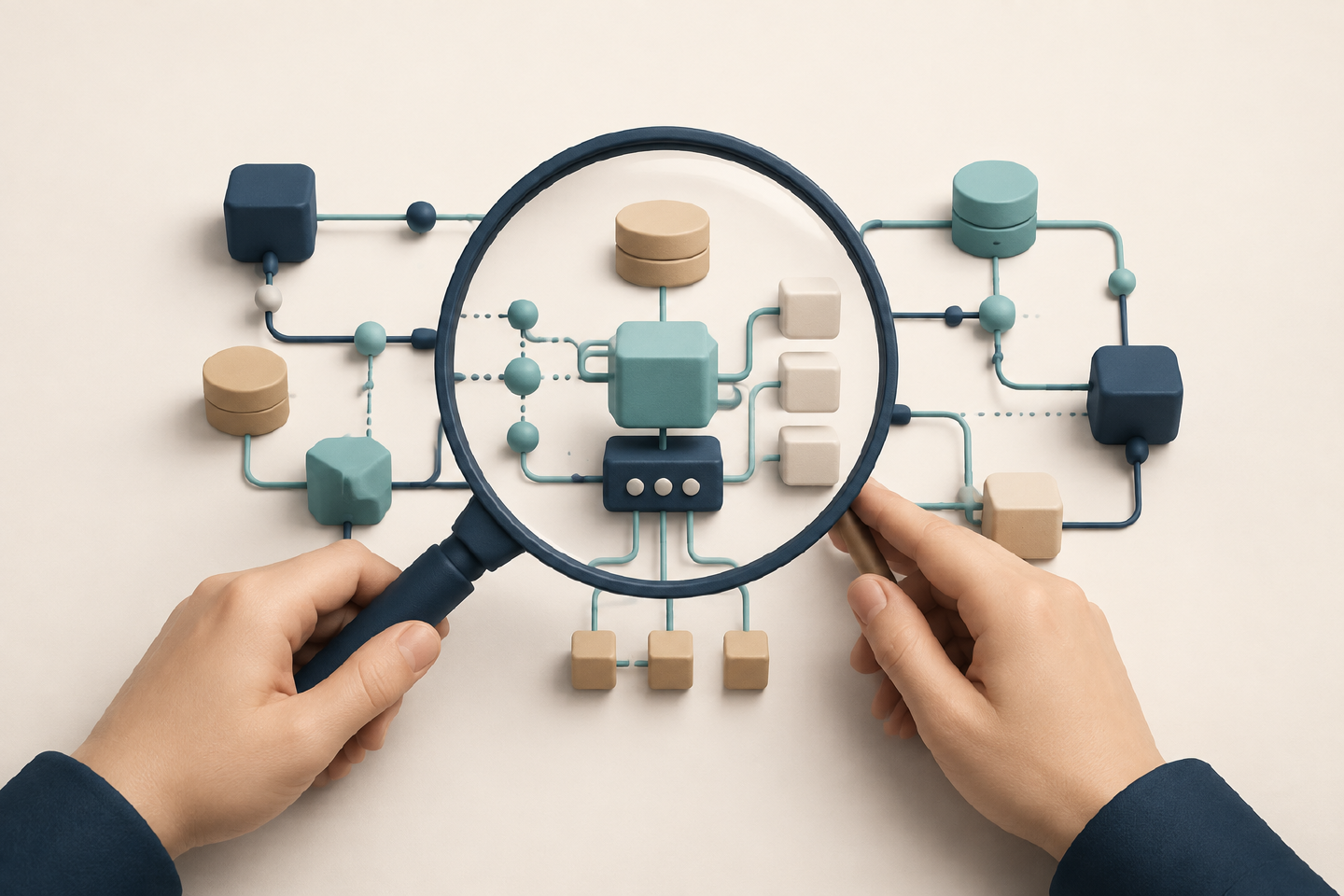 A magnifying glass examines the modules and connections of an abstract backend system.