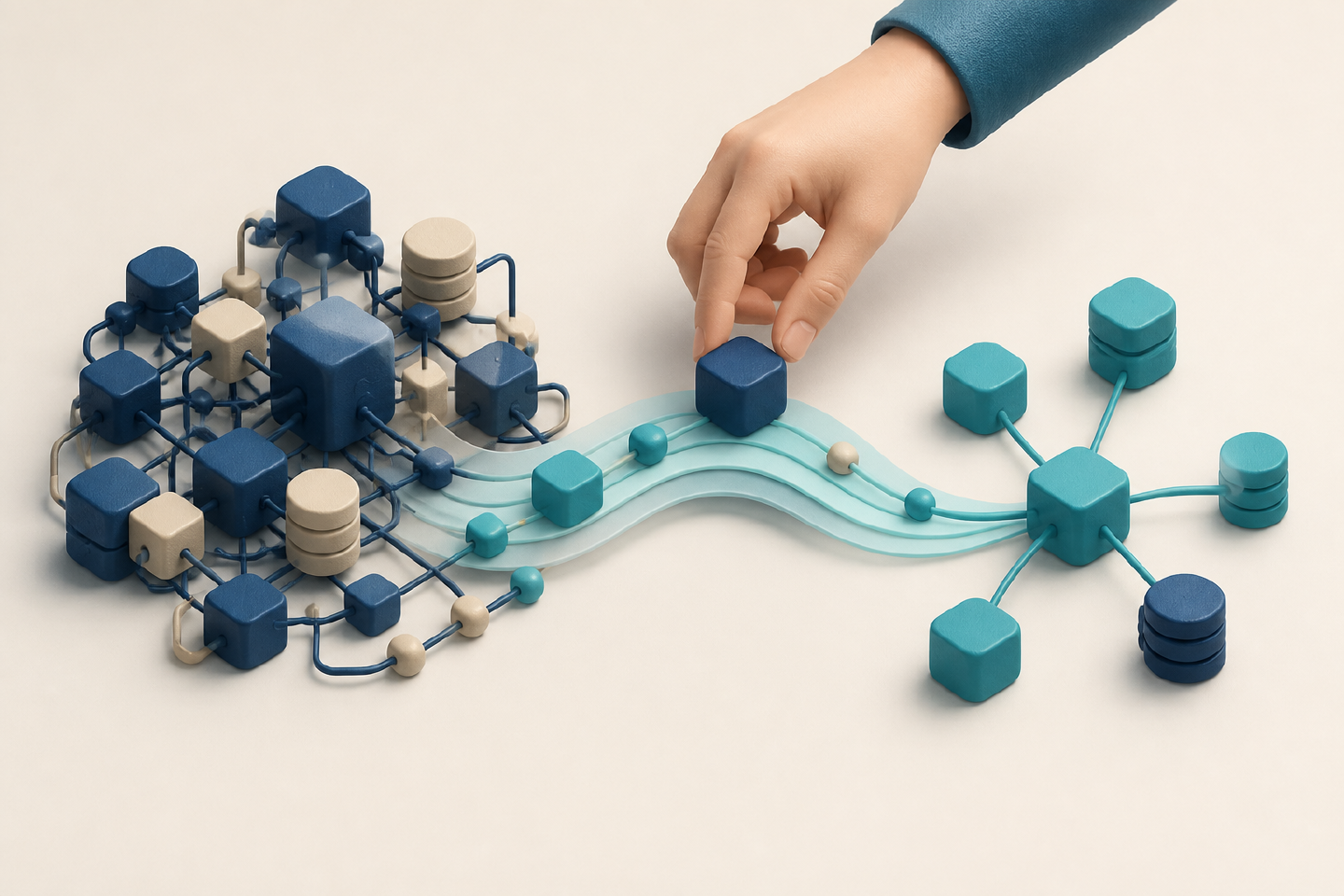 An abstract backend system progressively evolves from a dense structure into a simpler one.