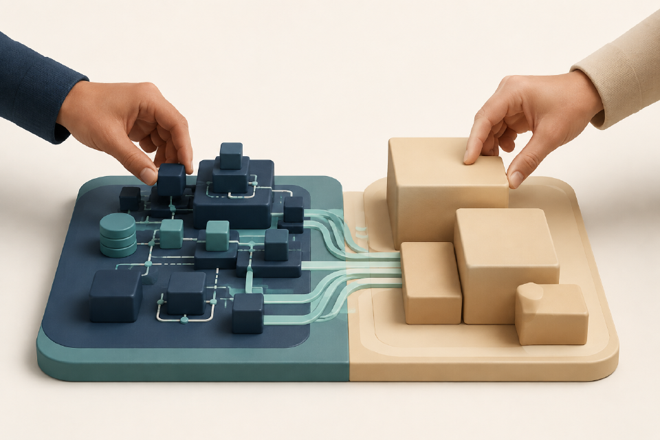 Two hands align an abstract technical system and blocks representing the company.