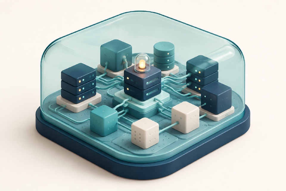 An abstract backend system operates under transparent protection.