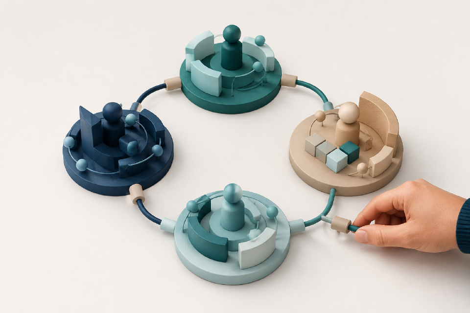 Connected abstract modules form a balanced technical organization.