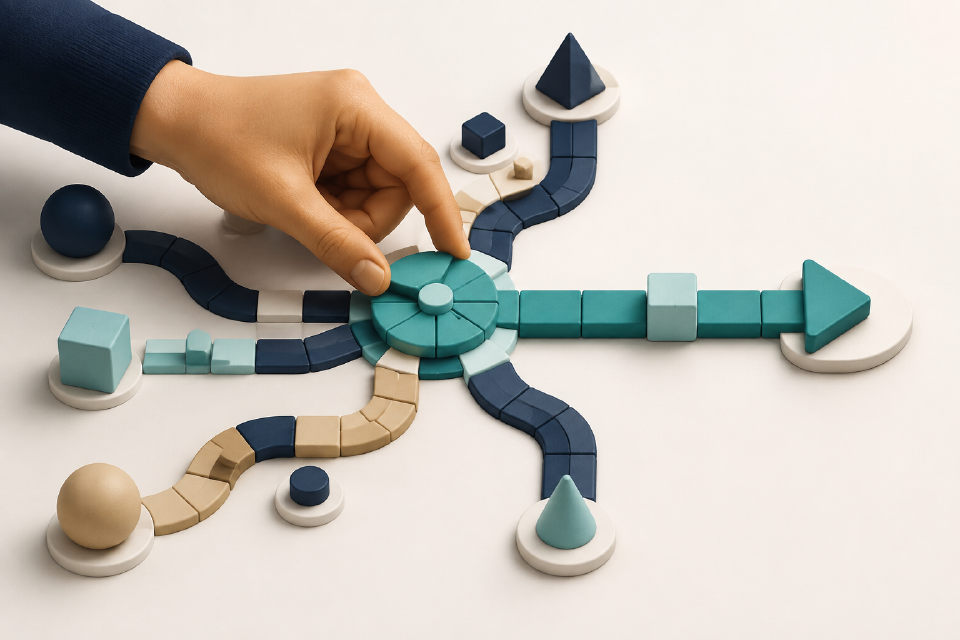 A hand positions a decision point at the center of several abstract technical paths.